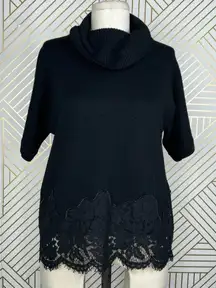 Ramy Brook‎ Black Crochet Lace Hem Wool Turtleneck Sweater Size US Medium