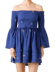 Free People Counting Daisies Navy Floral Embroidered‎ Off Shoulder Dress Size S