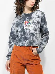 Vans Womens Tie Dye Mushroom Graphic Long Sleeve Crop Top Shirt Black Sz SM NWT