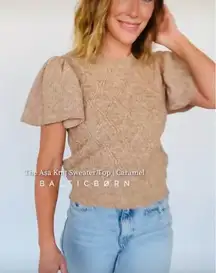 BALTIC BORN Ruffle Sleeve Cable Knit Sweater Top Womens Large Tan Flutter Preppy