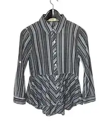 Love Notes Womens Button Up Top Blouse Striped Peplum Long Sleeve Gray Medium