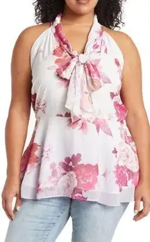 City Chic Tsubaki Halter Top White Pink Floral Print Plus Size 18