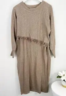 STITCHDROP Fringe 2 in 1 Sweater Dress Midi Fringe Branch Tan Size