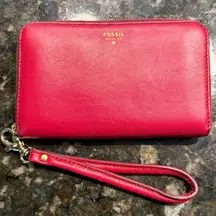 Fossil‎ Red Leather Zip Around Clutch Wallet Card Organizer Wrist Strap R