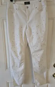 Chico’s So Slimming Ankle Jeans 0.5 US 6 White Rhinestone Pearl Embellished Stretch