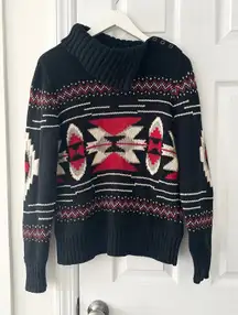Chaps Vintage Cotton Black Button Neck Red Aztec Native Heavy Sweater Medium