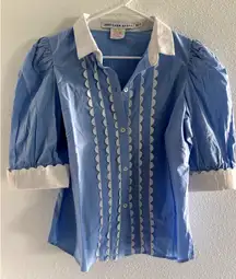 Gretchen Scott Top Womens Medium Blue White Ric Rac Scalloped Preppy Resort