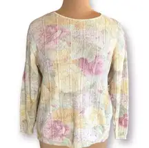 Vintage Carly Blake Sweater Rose Flower Detail Pink Light Yellow Knit Scoopneck