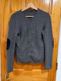 Lord & Taylor Cashmere Cable Knit Cardigan Gray M Elbow Patch Classic Soft