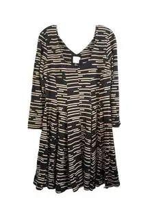 HD Paris Long Sleeve Skater Dress Size Large Black Tan Geometric Stripe Jersey‎