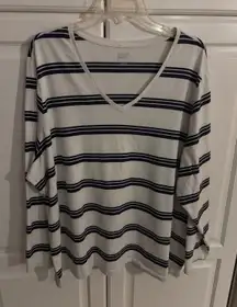 White Navy Stripe Long Sleeve Casual T Shirt Top Womens Size Large