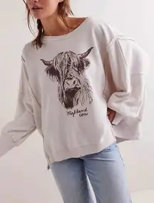 NWOT Free People We The Free Graphic Camden Pullover - highland cow combo - XS