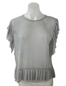 Zara Women's Gray Silver Metallic Sparkle Ruffle Flutter Sleeve Blouse Top Sz M