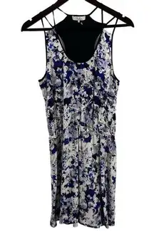 Parker  Dress Small Silk Floral White Blue and Black Mini