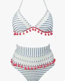 Mesh Striped High Waist Bikini Set Tassel Trim Top Halter Strap