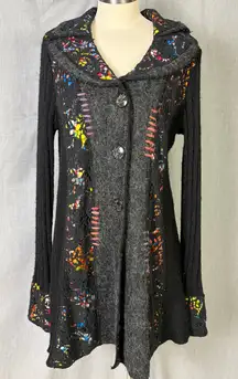 Clotheshead Black Gray Multicolor Knit Wearable Art Patchwork Cardigan Coat L