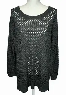 Peruvian Connection Open Knit Sweater Medium Gray Long Sleeve Layering Pullover