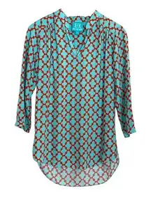 Escapada Top Womens Teal Blue Orange Print 3/4 Sleeve Boho Resort‎ Size Small