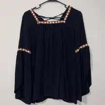 ya los angeles black square neck embroidered blous