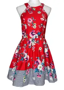 AUW Women’s Red Floral Lace Up Back Sleeveless Midi Dress Cottage Sz Lg