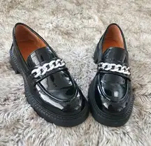 Star Bottom Patent Leather Chunky Loafers Black with Silver Chain Detail Size 7