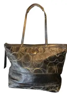 Coach Signature Stripe Stitched Black Leather Tote Bag