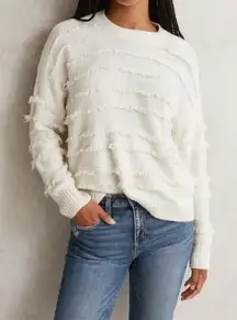 ATW Womens sz S/M White Slip Stitch Fringe Cotton Ribbed Pullover Sweater Cozy