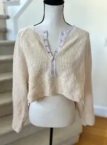Urban Outfitters Cream White Waffle Knit Cropped Snap Henley Sweater