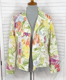 Chico’s Tropical Palm Print Linen Blend Jean Jacket White Multi Medium