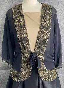Chico's Sheer Black Gold Embroidered Open Jacket Kimono Cardigan Party Holiday M