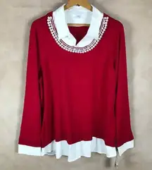 CHARTER CLUB Plus Size Red Sweater Layered Look with Faux Pearls NWT 2X