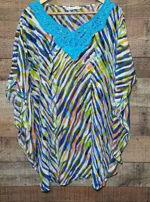 Trina Turk Anissa Caftan Multi-Colored Animal Print w/ Crochet Appliqué size 6