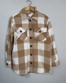 TIME & TRU Ladies Medium BUTTON-UP SHIRT SHACKET Tan White Fleece Flannel Jacket