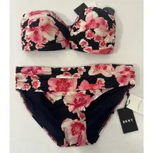 DKNY Bikini Bandeau Swimsuit XL Womens Navy Pink Floral Bathing Suit (qq)