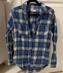 Hollister Blue Cotton Flannel - Turquoise, Pink + White Striped Plaid Button Up