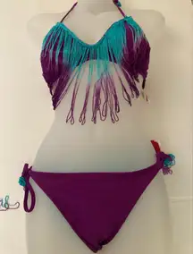 🌞NWT Bikini Lab Purple Triangle Top with Fringe & Purple Bottoms A
