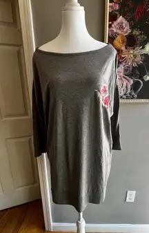 Gray Pajama Top With Pink Floral Applique 3/4 Sleeves Cozy Loungewear NWT