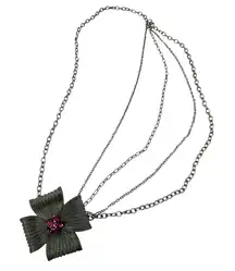 Funky 28” Floral Metal Mesh Necklace Pink Rhinestones