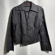 VTG Black Floral Embroidered Eyelet Button Down Crop Top Dark Cottage Core M Y2K