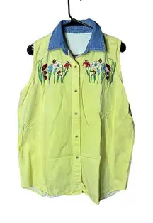 Women’s Yellow Embroidered Flower Sleeveless button front shirt