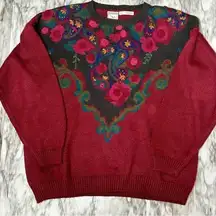 Jantzen Dark Red Crew Neck Sweater with Vintage Floral Design Vintage 90s Bold