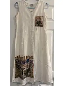 VTG Linen & Cotton Dress Sz MED Off-White Elephants Beads Jungle Safari Africa