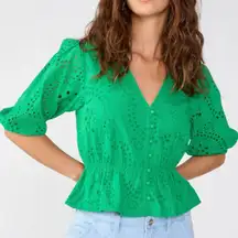 Sanctuary Women's Cotton Eyelet Button-Front Blouse Puff Sleeve Size XS