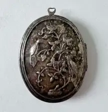 Antique locket silver pewter engraved embossed birds flowers resin mirror Victorian 