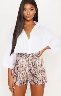 Pretty Little Thing Brown Snakeskin Print Ruched Tie Waist Short Size 12 Large