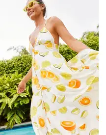 NWT J.Crew Edie Parker Button-front Tiered Maxi in Limes Oranges Citrus Dress L