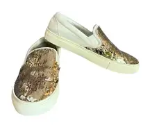 Tory Burch Carter Slip On Sneaker Womens 8M Reversible Sequin Calf Leather White