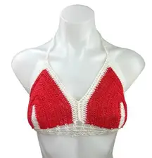 Red White Handmade Crochet Knitted Halter Tie Back Bikini Bralette Bra Top Sz S