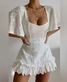 Showpo FANCY A SPRITZ MINI DRESS - SQUARE NECK DRESS IN WHITE EMBROIDERY US 8