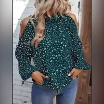 NEW Dark Green with Dainty Ivory Floral Print Cold Shoulder Long Sleeve Blouse